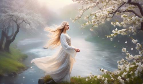 Curvy Slavic young witch with long blonde flowing hair in a white traditional dress among blooming apple trees on steep river bank in foggy morning