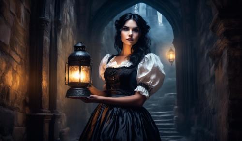 scared attractive curvy black-haired French maid with oil-lantern in hand in gothic haunted castle