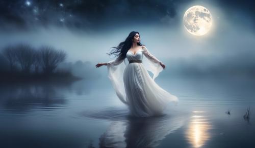 Attractive curvy witch with flowing black hair and fair skin in a long white traditional dress dances in a foggy lake under the full moon