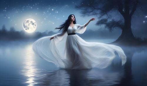 Attractive curvy witch with flowing black hair and fair skin in a long white traditional dress dances in a foggy lake under the full moon