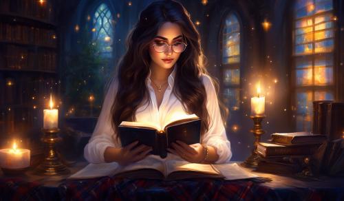 Curvy, attractiveve secretary with long dark hair, round glasses, open white blouse, tartan skirt and lots of jewelry secretly reads the magic book by candlelight