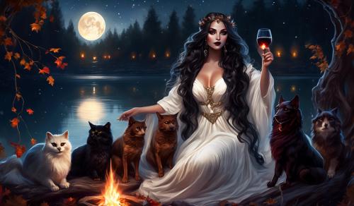 Attractive curvy witch with long flowing black curls and pigtails, wine red full lips, big brown eyes, tight flowing white traditional dress, lots of jewelry dancing by the campfire under the full moon on the lake shore. Owl, black cat, dachshund and wolf are watching