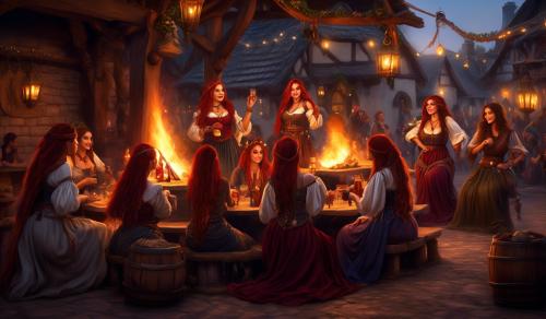 Attractive curvy barmaid with very long braided red hair, full burgundy lips, tight dirndel, lots of jewelry dancing by the campfire on the medieval village square in front of tavern with a tamborine in her hand. Young female gypsies play music. Many pretty women in various fantasy clothing sit around it