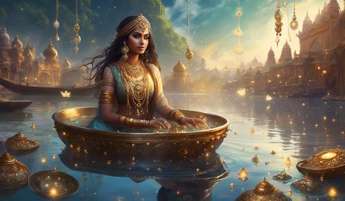 attractive curvy Indian steampunk-girl with lots of jewelry bathed in the river in the morning