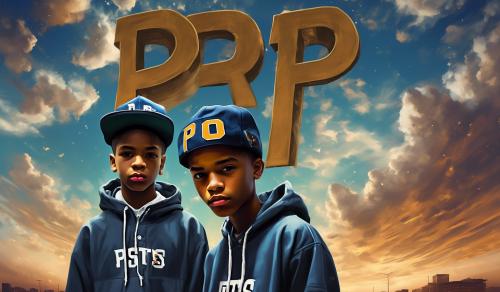 Create a portrait image of two teenage African American boys dressed from head to toe in popular Hip-hop clothes with the letters P T S O written in the sky above their heads.