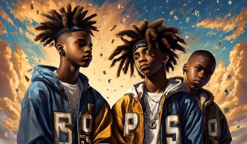 Create a portrait-style image of two teenage African American boys with locks in their hair, dressed from head to toe in popular Hip-hop clothes, with the letters (PTSO) written in the sky above their heads.