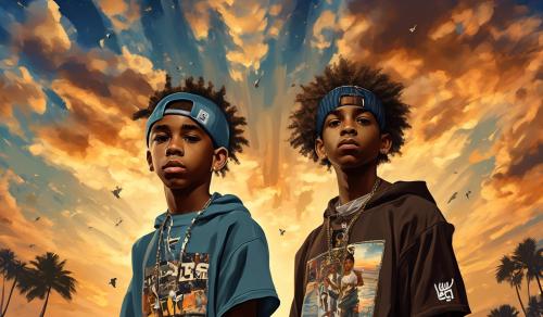 Create a portrait-style image of two teenage African American boys. Both boys will have locks in their hair. Show everything they have on, from their heads to their sneakers. Dress them in the most popular Hip-hop clothes. Write the letters PTSO in the sky above their heads.