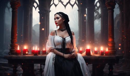 Attractive curvy gothic-girl with black braids, airy white open blouse, black corset, red wide skirt and lots of jewelry in an old ruin with full candles