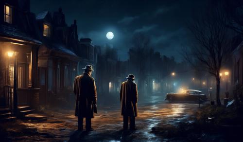 An old detective looking over a crime scene at night, very detailed and eerie