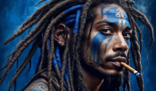 humano de piel azul con 3 ojos y una mirada ciega, con dreadlocks y con un cigarro negro en la boca, además una tatuaje con una esvastica en la cara