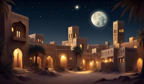 An old Arab heritage neighborhood. Houses in the Arab heritage style of the Al-Ahsa region in the Kingdom of Saudi Arabia. In the evening with a full moon and a starlit sky. An atmosphere that reflects calm and comfort.