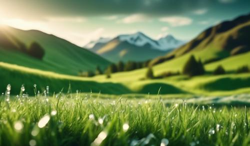 A green meadow, with icy mountains in the backdrop, like a scene from Scotland with minimal clouds and the morning sun rising and shining over the lush green grass in photo realistic style