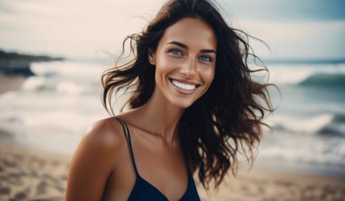 beautiful woman with tanned skin dark hair, blue eyes, high cheek bones with a great smile. Her face structure is oval and mysterious. Have her standing on the beach with the ocean in the background and waves crashing down right behind her. Make sure she is wearing a black bikini.