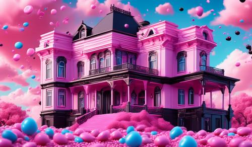 a fancy pink and black barbie mansion with baby colors like pink and blue candies flying in the sky