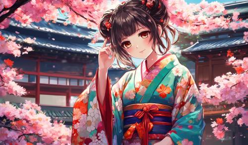 girl con kimono di ciliegio giapponese