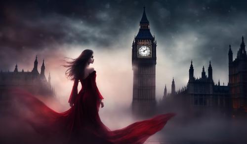 FEMAE VAMPIRE WEARING DARK RED DRESS IN FRONT OF BIG BEN AT NIGHT SURROUNDED BY FOG