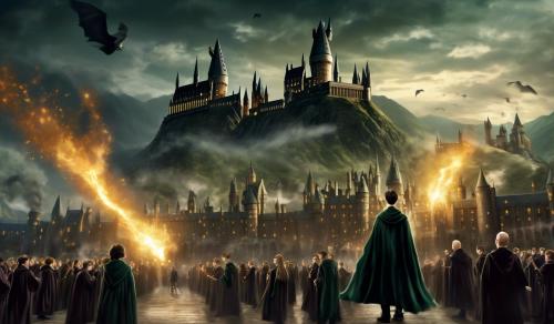 harry potter vs Voldemort with Hogwarts in background