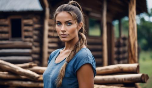 Brazilian woman, ponytail, blue eyes, farm, log cabin