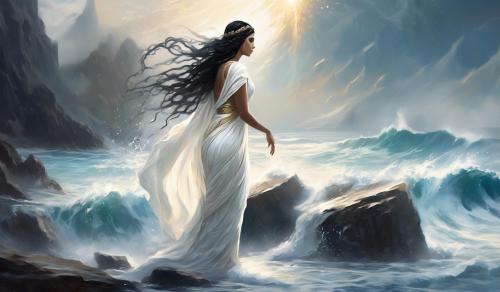 Attractive, curvy ancient greek priestess in white ancient dress, braided black hair, standing on rock by the surf, completely soaked by the spray and praying to Aphrodiete