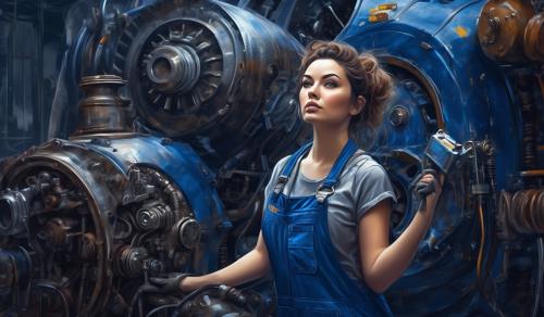 Attractive curvy female mechanic smeared with oil, wearing only blue dungarees and a tool kit, repairs a spaceship engine