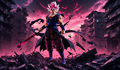 Evil goku black ssj rose in a destroyed city holding a Dark KI scythe with extrem muscles and spreading musculanity best 4k UHD PERFORMANCE best available Performance