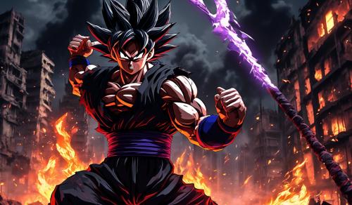 Evil goku black in a destroyed burning city holdin a dark KI scythe with extrem good defined  muscels with a recognizable Face spreading Masculanity with a very evil Face in a 4k UHD PERFORMANCE .  Best available Performance. Best 4k UHD PERFORMANCE 