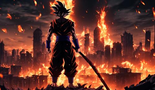 Evil goku black standing alone in a destroyed burning city holding a Dark special KI scythe with defined muscle body  and with a recognicable backround and Face  8k 4k UHD GOD like Performance Dark sorrow evil theme  and Ryoken shall be engraved in the burning City backround 4k UHD GOD LIKE PERFORMANCE make him look better than in the Anime 4k UHD GOD LIKE PERFORMANCE Take your time to make it look divine