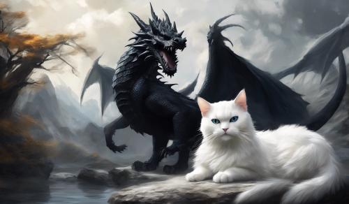 a white cat and a black dragon