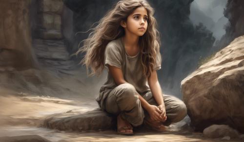 create a pencil drawing art of a young girl with flowy hair kneeling while leaning her head on a stone