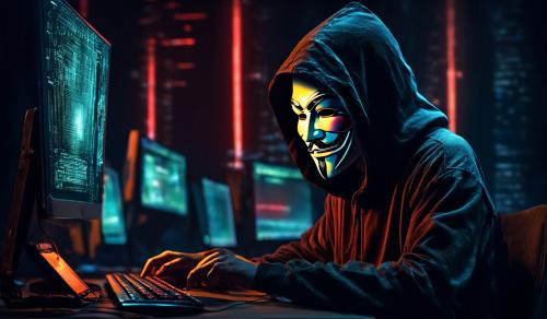 create a hacker with v for vandetta mask.This hacker in the dark .There is computer opposite the hacker.There is kali Linux in computer screen.