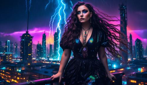 Young curvy modern witch in a black brocade dress, with lots of magic jewelry, very long flowing hair stands on the roof of a factory and crys out for magic. Futuristic city, thunderstorm and a rainbow in the dark as the background