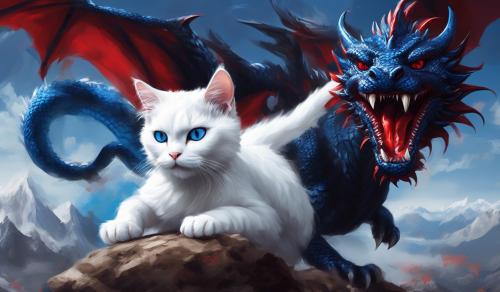 a white cat playing with a blue black and red dragon