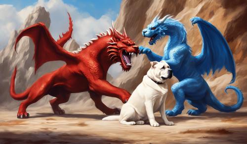 an English mastiff dog, white cat, and a blue and red dragon playing