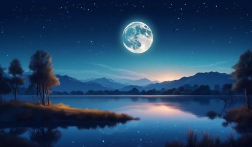 illustrate the moon in a cloudless night sky over a lake