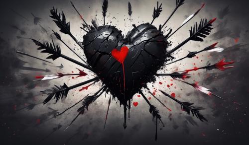 black broken heart bleeding with arrows sticking out of it