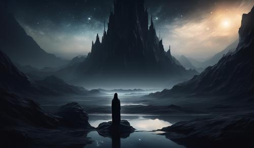 The image portrays a dark and melancholic scenario, where dark tones dominate the landscape. A solitary figure is positioned in the center, hunched over, with shoulders slumped, reflecting sadness and despair.