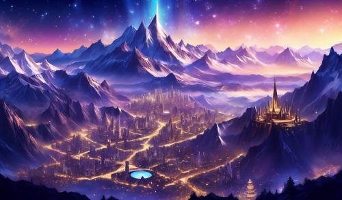 city of starlight surrounded by mountians 