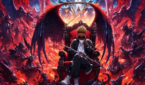 Juice wrld holding a scythe with angel wings sitting on a throne with demons around him