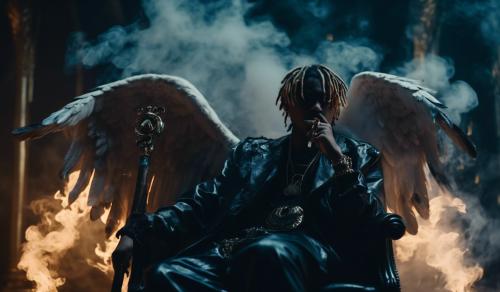 Juice wrld with angel wings, holding a scythe, surrounded by demons, smoking a blunt, with smoke going up , sitting on a throne