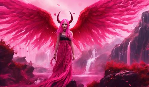 devil girl pink hair braid wings red waterfall