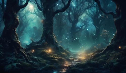 Dark and spooky woods with creatures