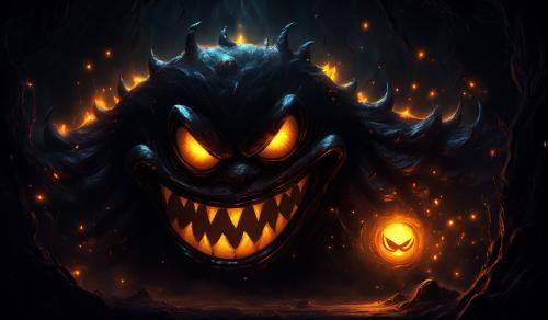 a black back ground with a big evil glowing smile and glowing eyes