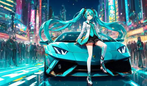 Hatsune miku stands on a Lamborghini 