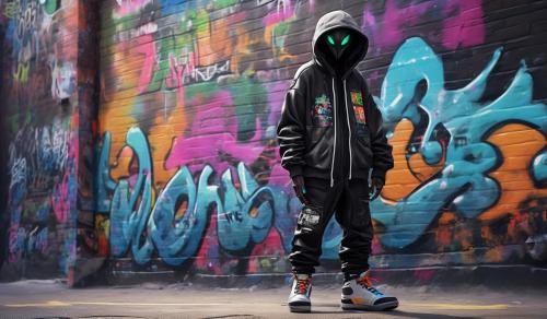 Create an image of a black Alien from outer space.  The Alien is dressed in the coolest hip-hop clothing, including the most out-of-this-world sneakers.  The Alien is standing on the streets before a graffiti wall that says, 