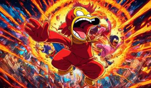 has una imagen de homero en super sayayin peleando con la pantera roja en ultra instinto