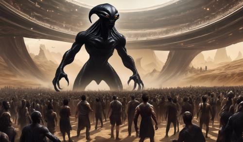 Create a large, muscular black alien standing over the people of Earth.