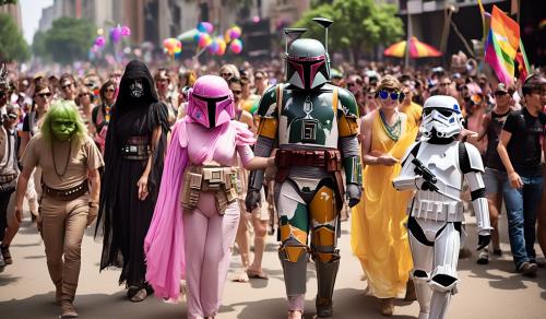 Boba Fett holding hands with an imperial stormtrooper at a gay pride parade, surrounded by gay sand people, Yoda, Darth Sidious and a pink Chewbacca. They're on a float fashioned after the Millenium Falcon. R2D2 and C3p0 are at the rear of the parade. Darth Vader is following on a float that looks like the Death Star.