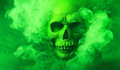 Green skull mask with green smoke scary