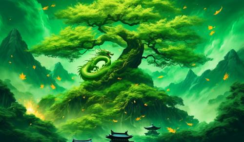 Green Japan tree with falling leaves and a dragon that is breathing green fire 