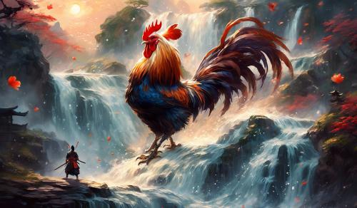 Rooster fighting samurai on waterfall